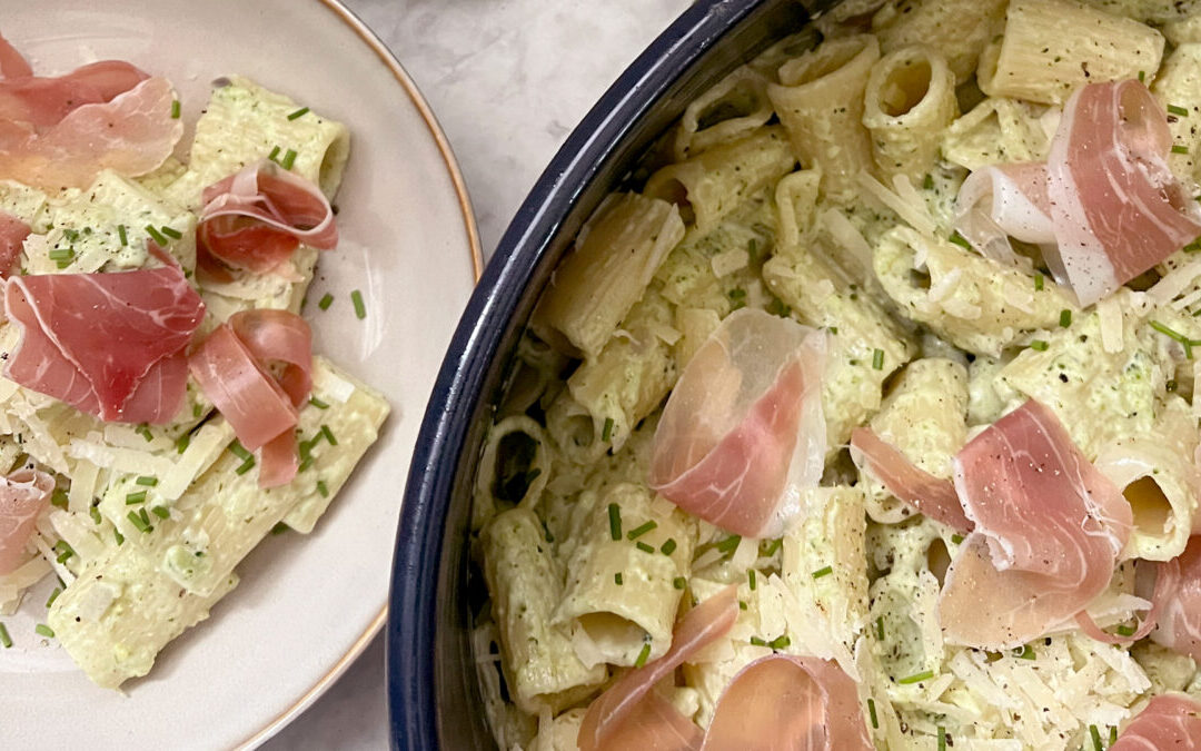 Pâtes crémeuses au brocoli, jambon Ganda et boursin